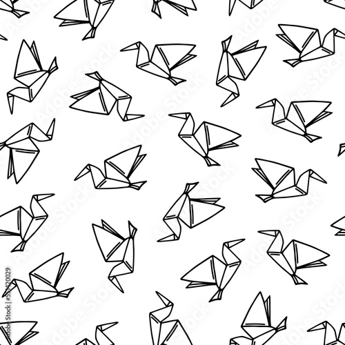 Origami crane seamless vector pattern. Folded paper in the shape of a bird. Hand drawn simple doodle on white background. Traditional Japanese needlework, hobby. Cartoon backdrop for wallpaper, web