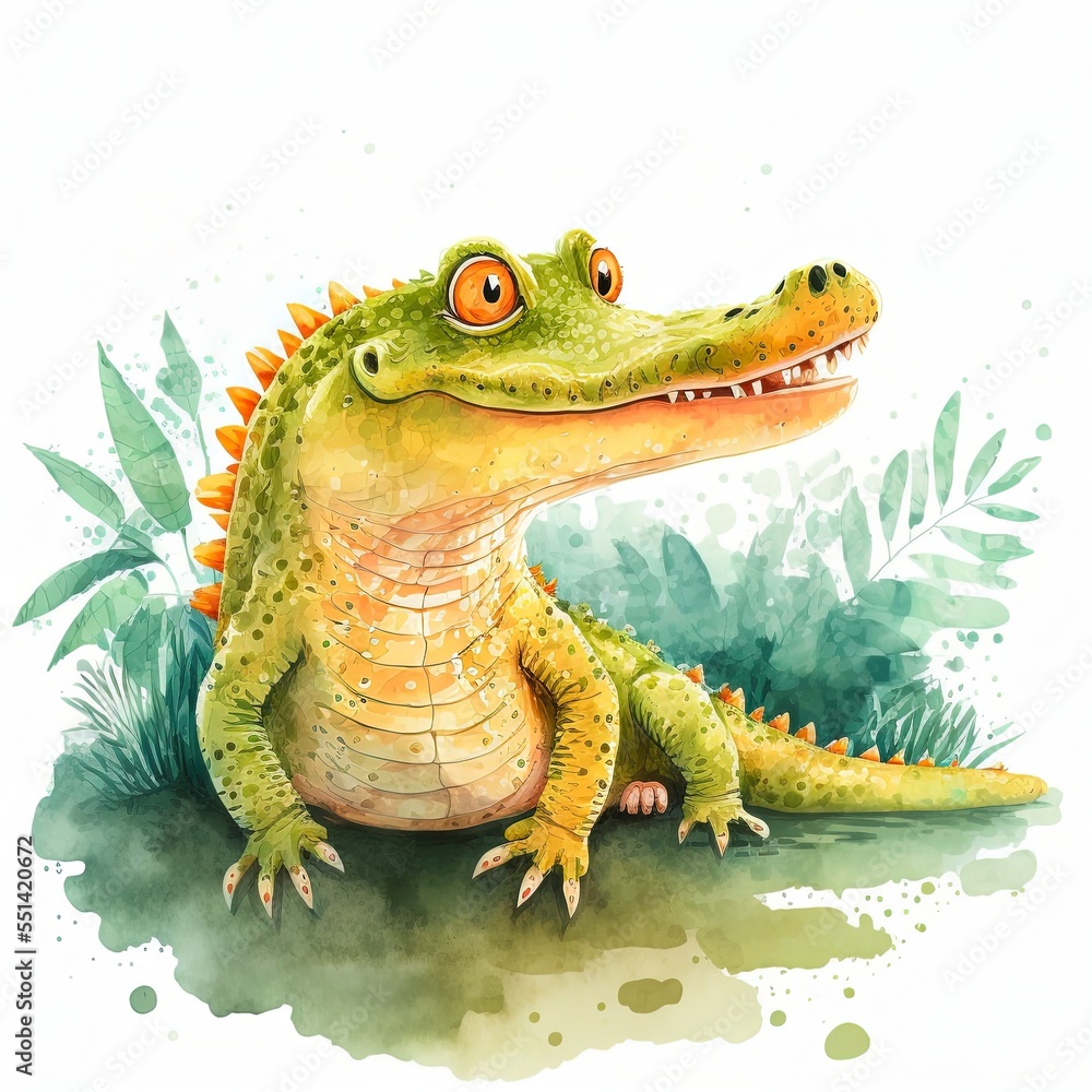 Digital watercolor. Illustration of cute cartoon tropical animal crocodile