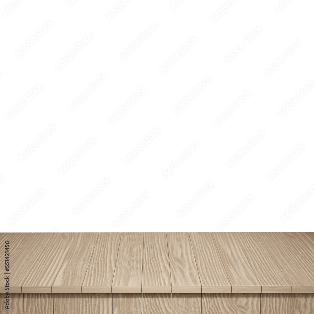 Wooden table foreground, wood table top front view 3d render isolated