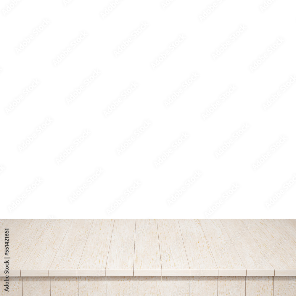 Fototapeta premium Wooden table foreground, wood table top front view 3d render isolated