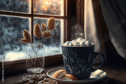 Fotografie, Tablou Cup of hot cocoa with a marshmallow this holiday season, sitting by the fireside