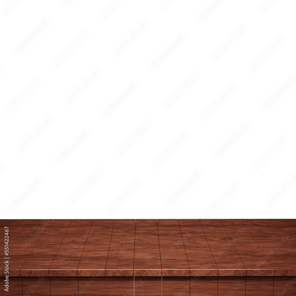 Naklejka premium Wooden table foreground, wood table top front view 3d render isolated