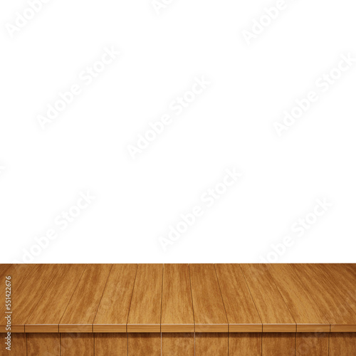 Wooden table foreground, wood table top front view 3d render isolated