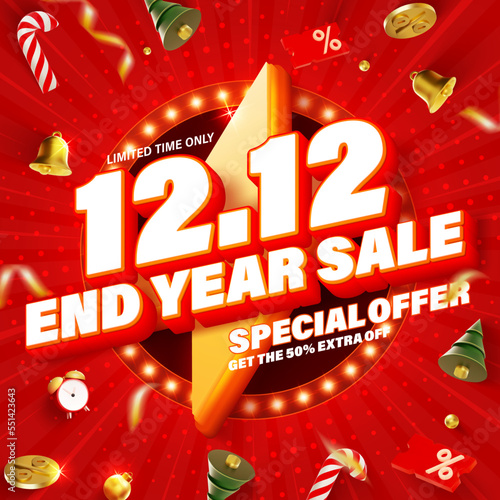 12.12 End year sale 3D realistic vector sale banner with Christmas elements.