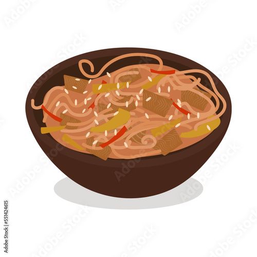 Soba buckwheat noodles with chicken and vegetables in a wok