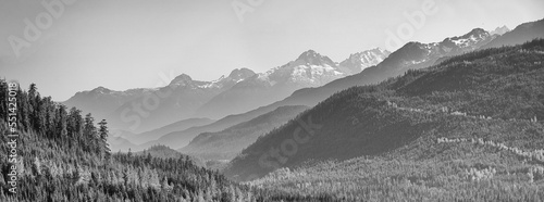 Black and white panoramic view of the Canadian Rocky Moutains.