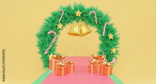 Christmas Wreath with star,ligh bub,bell and Candy Canes on red background for branding and product presentation.Mock up empty screen.3D rendering illustration.