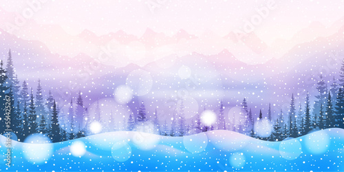 Winter mountain landscape, sunset light and bokeh effect, snowdrifts and blizzard, vector illustration