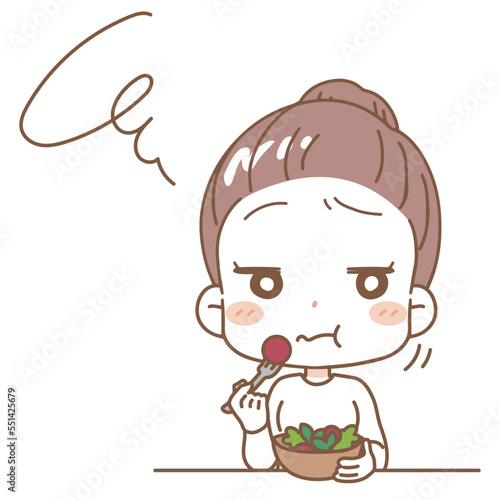 Illustration of a woman eating vegetables, upper body.