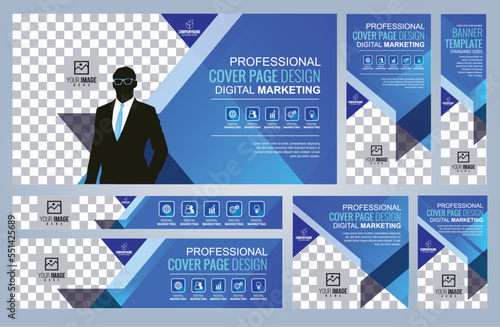 Set of Blue Web banners templates, Coverpage Standard sizes with space. Vector illustration