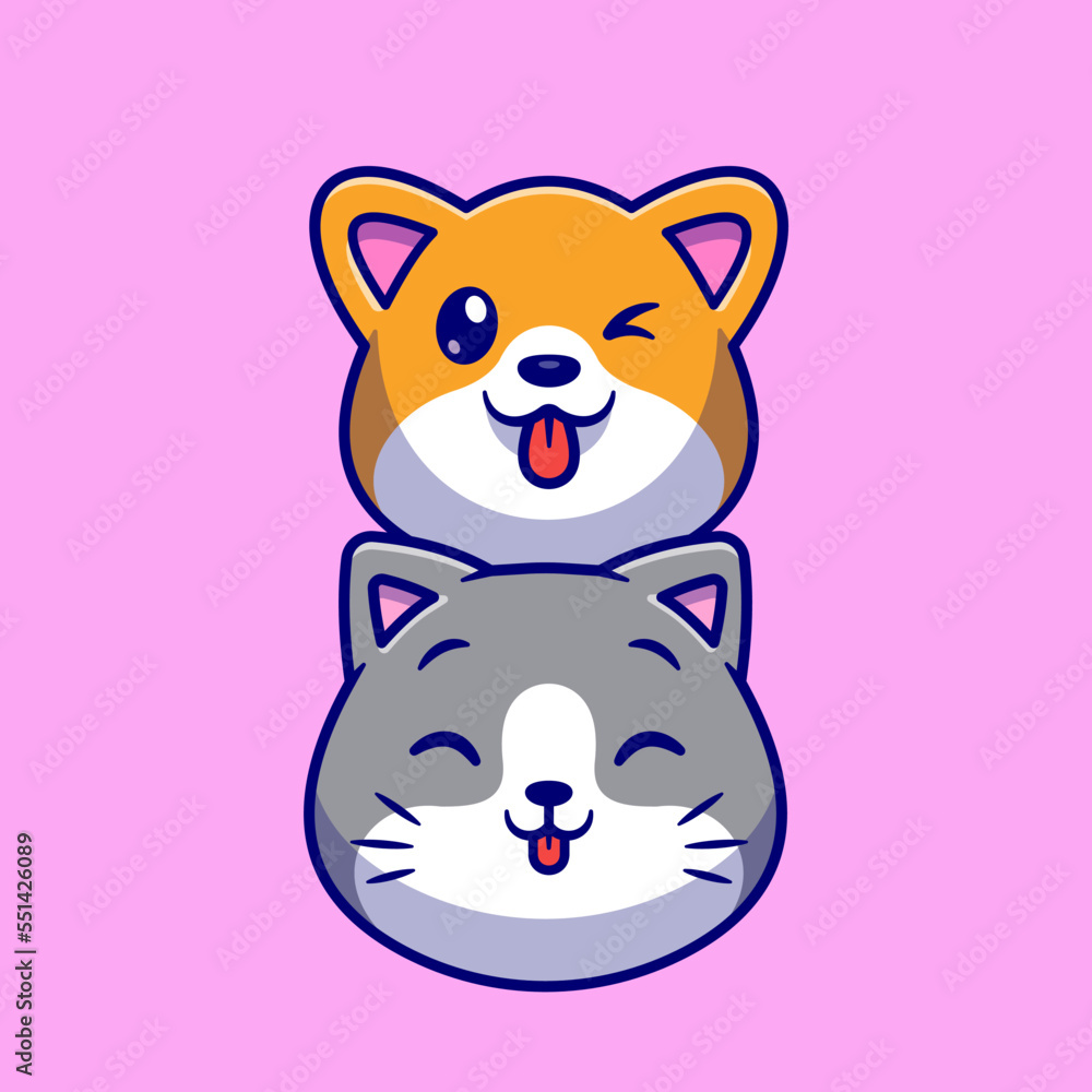 Cute Dog And Cute Cat Head Cartoon Vector Icon Illustration. Animal
