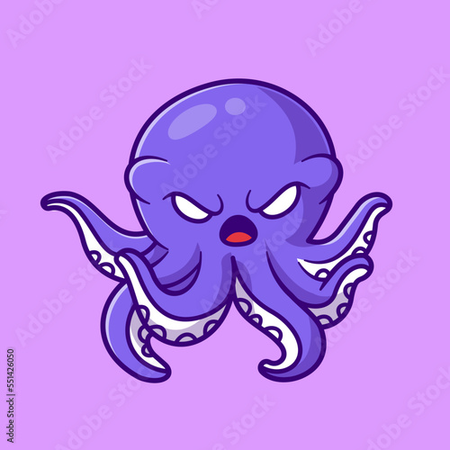 Cute Angry Octopus Cartoon Vector Icon Illustration. Animal Nature Icon Concept Isolated Premium Vector. Flat Cartoon Style