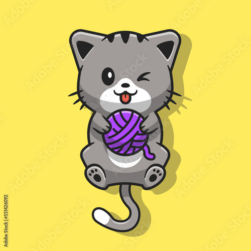 Cute Cat Playing Yarn Ball Cartoon Vector Icon Illustration. 
Animal Nature Icon Concept Isolated Premium Vector. Flat 
Cartoon Style
