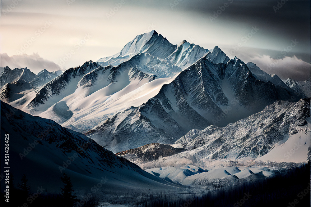 Obraz premium Beautiful winter landscape photography mountain range frozen lake dramatic lighting vista cozy mountainous golden hour cold frost