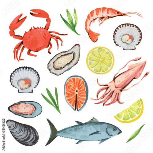 Seafood in hand drawn watercolor style. Mollusk, shrimps, crab and fish vector isolated elements. 