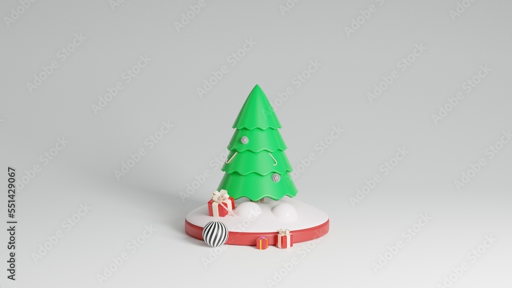 Green Christmas tree with stars and gift boxes lying on snow on white background. Red base. The illustration is used for your Christmas or New Year card design, 3D rendering. Green Christmas tree with stars and gift boxes lying on snow on white background. Red base. The illustration is used for your Christmas or New Year card design, 3D rendering.