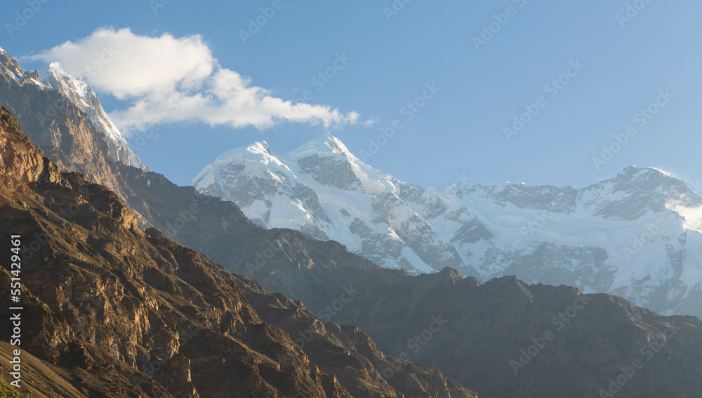Nanga Parbat mountain peak with glacier and green pine forrest from Fairy Meadow. Gilgit, Pakistan