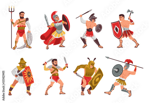 Fototapeta Naklejka Na Ścianę i Meble -  Ancient roman gladiators. People in armor. Warriors with different weapons. Helmets and shields. Historical soldier characters. Fighter poses with spears and axes. Splendid vector set