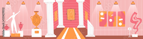 Empty exhibition hall. Museum interior with art showpiece. Sculptures and paintings. Ceramic vases on pedestals and columns. Contemporary artworks or antique artifacts. Vector concept