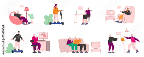 Fototapeta Naklejka Na Ścianę i Meble -  Modern senior people with gadgets. Persons use laptops, scooters or mobile phones. Progressive devices in hands. Grandma web chatting. Grandpa with VR glasses. Vector grandparents set