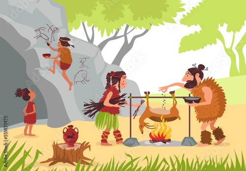 Stone age family. Cave primeval people. Parents and kids at daily chores. Cavemen roast meat on spit. Children draw on stones. Man and woman cook on bonfire. Splendid vector concept