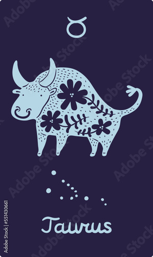 Zodiac sign card. Astrological symbol. Patterned silhouette animal. Taurus constellation. Doodle blue ox with floral ornament. Astrology calendar. Funny bull. Vector zodiacal abstract icon