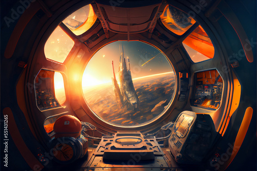 Fototapeta Naklejka Na Ścianę i Meble -  The interior of a futuristic space ship floating outside a building