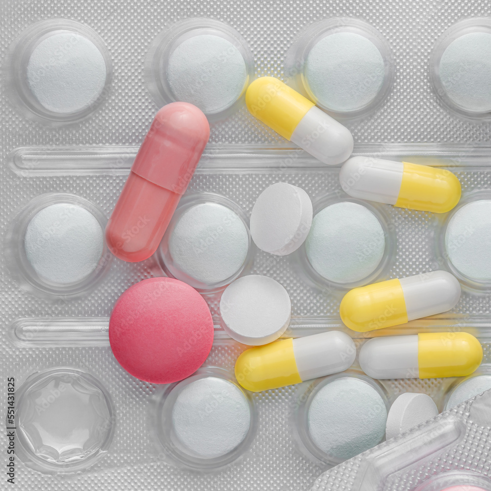 Heap of medicine pills. Assorted capsules, pills and blisters. Drug abuse. Heap of medicine pills. Assorted capsules, pills and blisters. Drug abuse.