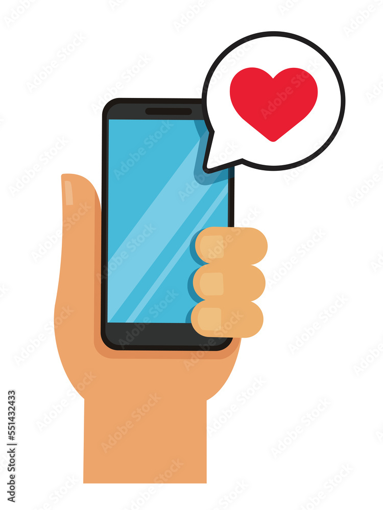 hand holding smartphone with heart in bubble hand holding smartphone with heart in bubble