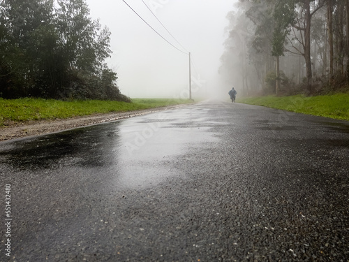 solitary pilgrim meditating on the way of santiago in galicia. idyllic, cloudy and autumn place to reflect on life.