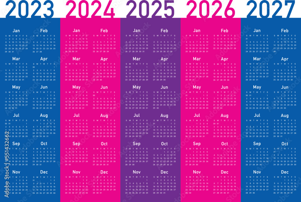 2023 2024 2025 2026 2027 calendar year vector design template, simple