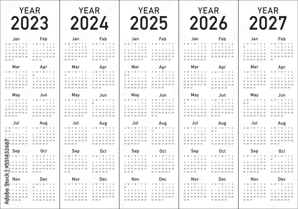 2023 2024 2025 2026 2027 calendar year vector design template, simple
