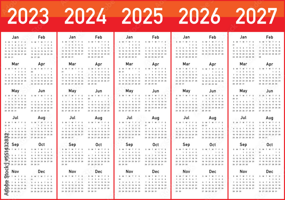 2023 2024 2025 2026 2027 calendar year vector design template, simple