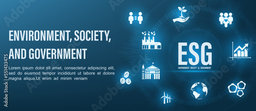 ESG concepts for environment, society and governance can be used for web banners, websites, brochures or designs etc. blue background. EPS 10 vector.