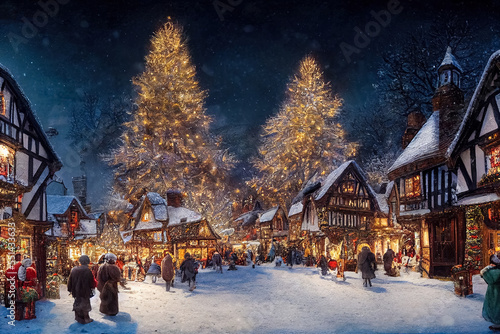 Christmas village in vintage style. Winter Christmas Landscape. Digital art