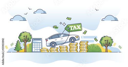 Cars tax growth and expensive financial vehicle payments outline concept. Taxes calculation and annual road fee budget vector illustration. Transportation property bill with loan service interest.