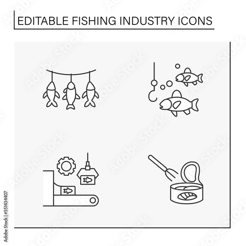  Fishing industry line icons set. Manufacturing of ready-made fish products. Nature protection. Business concepts. Isolated vector illustrations. Editable stroke