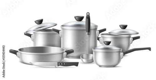 Realistic cookware. Silver shiny kitchenware composition, metallic utensils, pots with glass lids and pans, knife and ladle, cooking accessories, 3d isolated utensils, utter vector concept