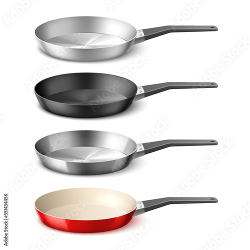 Realistic frying pans. 3d dishes with different coatings, metallic cookware, aluminum, teflon, cast iron and steel skillet, isolated elements for cooking, kitchenware utter vector concept