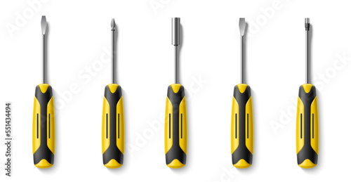 Realistic screwdrivers. Home worker tools with different heads. Cross, flat, insulating handles, hand repair instrument. Construction instruments. Top view 3d isolated elements utter vector set