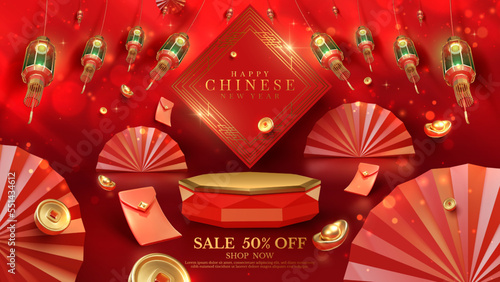 Red luxury background with product display podium element with 3d realistic chinese new year ornament and glitter light effect decoration and bokeh. Vector illustration.
