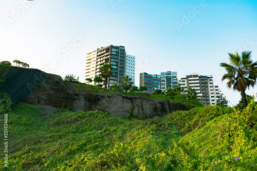 Peru, luxury condominiums located near Miraflores Lima Malecon promenade on the ocean shore