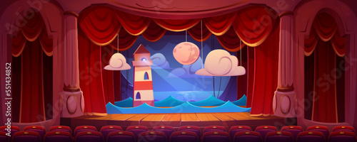 Vintage theater interior with stage, auditorium seats, red curtains, columns and decoration of night landscape with sea, lighthouse and moon on backdrop, vector cartoon illustration