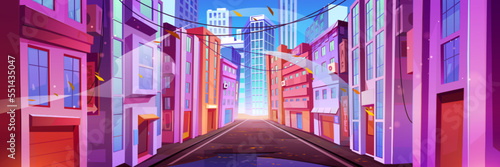 Autumn city landscape with street with houses and road in perspective view. Town buildings, skyscrapers, hanging power lines, flying orange leaves, vector cartoon illustration