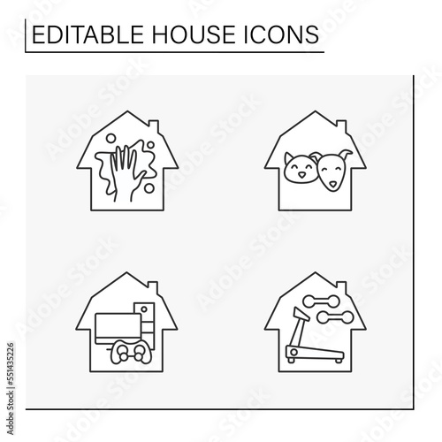 House line icons set. Householding, workplace and places for relaxations. Building concept. Isolated vector illustration. Editable stroke