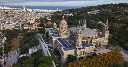 aerial stock footage of National Art Museum of Catalonia on a sunny day photo