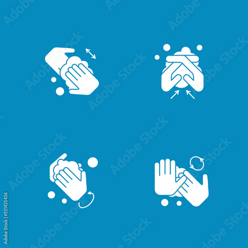 Hand washing glyph icons set. Rules for cleaning palms. Disinfection. Hygiena concept.Filled flat signs. Isolated silhouette vector illustrations