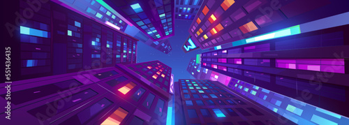 City buildings and skyscrapers view from below at night. Downtown, city street with houses with glowing windows and dark sky in bottom view, vector cartoon illustration