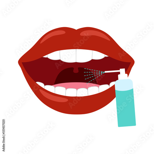 Woman using mouth spray for fresh breathing or sore throat infection treatment in flat design on white background.