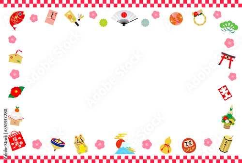 イラスト年賀状素材:通年対応フレーム（市松模様）　カラフルなアイコン素材セット(透過背景)